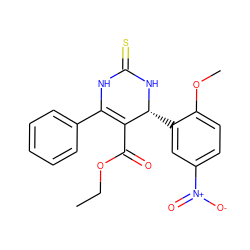 CCOC(=O)C1=C(c2ccccc2)NC(=S)N[C@@H]1c1cc([N+](=O)[O-])ccc1OC ZINC000100837232