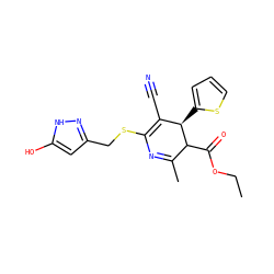 CCOC(=O)C1C(C)=NC(SCc2cc(O)[nH]n2)=C(C#N)[C@H]1c1cccs1 ZINC000101614461