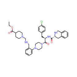 CCOC(=O)C1CCN(CNCc2ccccc2N2CCN(C(=O)[C@@H](Cc3ccc(Cl)cc3)NC(=O)[C@H]3Cc4ccccc4CN3)CC2)CC1 ZINC000028351082