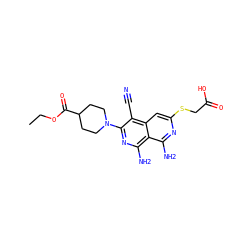 CCOC(=O)C1CCN(c2nc(N)c3c(N)nc(SCC(=O)O)cc3c2C#N)CC1 ZINC000013135927