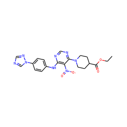 CCOC(=O)C1CCN(c2ncnc(Nc3ccc(-n4cncn4)cc3)c2[N+](=O)[O-])CC1 ZINC000040845183