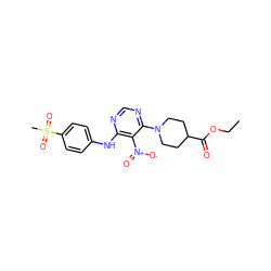 CCOC(=O)C1CCN(c2ncnc(Nc3ccc(S(C)(=O)=O)cc3)c2[N+](=O)[O-])CC1 ZINC000040846104