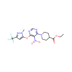 CCOC(=O)C1CCN(c2ncnc(Oc3cc(C(F)(F)F)nn3C)c2[N+](=O)[O-])CC1 ZINC000040873423