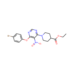 CCOC(=O)C1CCN(c2ncnc(Oc3ccc(Br)cc3)c2[N+](=O)[O-])CC1 ZINC000040618889