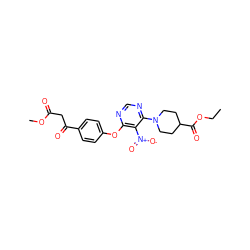 CCOC(=O)C1CCN(c2ncnc(Oc3ccc(C(=O)CC(=O)OC)cc3)c2[N+](=O)[O-])CC1 ZINC000033904974