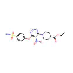 CCOC(=O)C1CCN(c2ncnc(Oc3ccc(S(N)(=O)=O)cc3)c2[N+](=O)[O-])CC1 ZINC000040846119