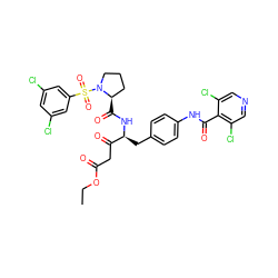 CCOC(=O)CC(=O)[C@H](Cc1ccc(NC(=O)c2c(Cl)cncc2Cl)cc1)NC(=O)[C@@H]1CCCN1S(=O)(=O)c1cc(Cl)cc(Cl)c1 ZINC000095612381