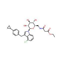 CCOC(=O)CC(=O)NC[C@H]1O[C@@H](n2cc(Cc3ccc(C4CC4)cc3)c3c(Cl)cccc32)[C@H](O)[C@@H](O)[C@@H]1O ZINC000653740631