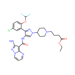 CCOC(=O)CCCN1CCC(n2cc(NC(=O)c3c(N)nn4cccnc34)c(-c3cc(Cl)ccc3OC(F)F)n2)CC1 ZINC001772571263