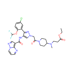 CCOC(=O)CCN(C)C1CCN(C(=O)Cn2cc(NC(=O)c3cnn4cccnc34)c(-c3cc(Cl)ccc3OC(F)F)n2)CC1 ZINC001772581709