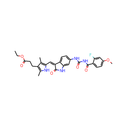 CCOC(=O)CCc1c(C)[nH]c(/C=C2\C(=O)Nc3cc(NC(=O)NC(=O)c4ccc(OC)cc4F)ccc32)c1C ZINC000205833823