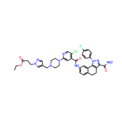 CCOC(=O)CCn1cc(CN2CCN(c3cc(C(=O)Nc4ccc5c(c4)-c4c(c(C(N)=O)nn4-c4ccc(F)cc4)CC5)c(Cl)cn3)CC2)cn1 ZINC000072123731