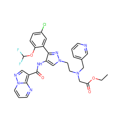 CCOC(=O)CN(CCn1cc(NC(=O)c2cnn3cccnc23)c(-c2cc(Cl)ccc2OC(F)F)n1)Cc1cccnc1 ZINC001772600474