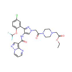 CCOC(=O)CN1CCN(C(=O)Cn2cc(NC(=O)c3cnn4cccnc34)c(-c3cc(Cl)ccc3OC(F)F)n2)CC1 ZINC001772642562