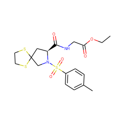 CCOC(=O)CNC(=O)[C@@H]1CC2(CN1S(=O)(=O)c1ccc(C)cc1)SCCS2 ZINC000103249775