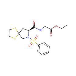 CCOC(=O)CNC(=O)[C@@H]1CC2(CN1S(=O)(=O)c1ccccc1)SCCS2 ZINC000103249783