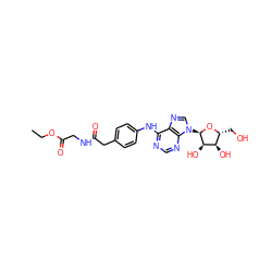 CCOC(=O)CNC(=O)Cc1ccc(Nc2ncnc3c2ncn3[C@H]2O[C@H](CO)[C@@H](O)[C@H]2O)cc1 ZINC000049067958