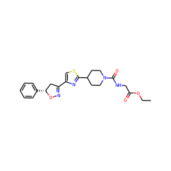 CCOC(=O)CNC(=O)N1CCC(c2nc(C3=NO[C@H](c4ccccc4)C3)cs2)CC1 ZINC000653851971