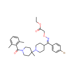 CCOC(=O)CO/N=C(/c1ccc(Br)cc1)C1CCN(C2(C)CCN(C(=O)c3c(C)cccc3C)CC2)CC1 ZINC000027519611