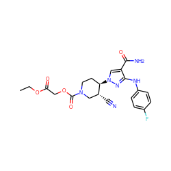 CCOC(=O)COC(=O)N1CC[C@@H](n2cc(C(N)=O)c(Nc3ccc(F)cc3)n2)[C@H](C#N)C1 ZINC000221255718