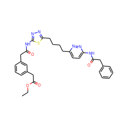 CCOC(=O)Cc1cccc(CC(=O)Nc2nnc(CCCCc3ccc(NC(=O)Cc4ccccc4)nn3)s2)c1 ZINC000169698366