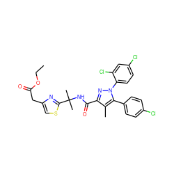 CCOC(=O)Cc1csc(C(C)(C)NC(=O)c2nn(-c3ccc(Cl)cc3Cl)c(-c3ccc(Cl)cc3)c2C)n1 ZINC000072112316