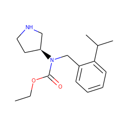 CCOC(=O)N(Cc1ccccc1C(C)C)[C@H]1CCNC1 ZINC000040829642