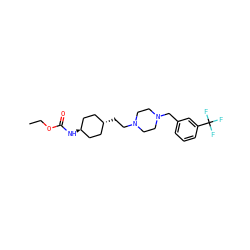 CCOC(=O)N[C@H]1CC[C@H](CCN2CCN(Cc3cccc(C(F)(F)F)c3)CC2)CC1 ZINC000261114975