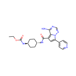 CCOC(=O)N[C@H]1CC[C@H](NC(=O)c2cc(-c3ccncc3)n3ncnc(N)c23)CC1 ZINC000261119762
