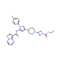 CCOC(=O)N1CC(N2CCC(c3cc(NC(=O)c4cnn5cccnc45)n(-c4ccc(C)cc4)n3)CC2)C1 ZINC000142420624