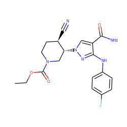 CCOC(=O)N1CC[C@@H](C#N)[C@H](n2cc(C(N)=O)c(Nc3ccc(F)cc3)n2)C1 ZINC000220696722