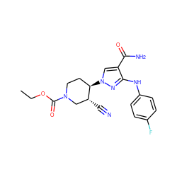 CCOC(=O)N1CC[C@@H](n2cc(C(N)=O)c(Nc3ccc(F)cc3)n2)[C@H](C#N)C1 ZINC000205048190