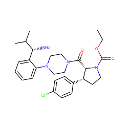 CCOC(=O)N1CC[C@H](c2ccc(Cl)cc2)[C@@H]1C(=O)N1CCN(c2ccccc2[C@@H](N)C(C)C)CC1 ZINC000029041094