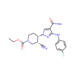 CCOC(=O)N1CC[C@H](n2cc(C(N)=O)c(Nc3ccc(F)cc3)n2)[C@H](C#N)C1 ZINC000205048165