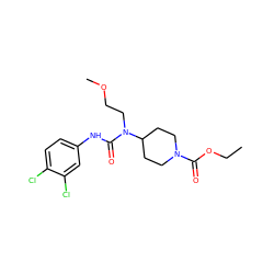 CCOC(=O)N1CCC(N(CCOC)C(=O)Nc2ccc(Cl)c(Cl)c2)CC1 ZINC000004110543