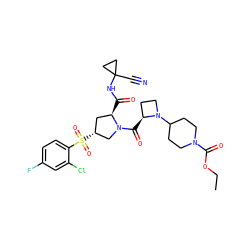CCOC(=O)N1CCC(N2CC[C@@H]2C(=O)N2C[C@H](S(=O)(=O)c3ccc(F)cc3Cl)C[C@H]2C(=O)NC2(C#N)CC2)CC1 ZINC000169705310