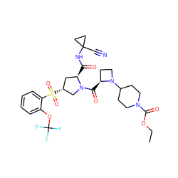 CCOC(=O)N1CCC(N2CC[C@@H]2C(=O)N2C[C@H](S(=O)(=O)c3ccccc3OC(F)(F)F)C[C@H]2C(=O)NC2(C#N)CC2)CC1 ZINC000169705329