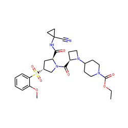 CCOC(=O)N1CCC(N2CC[C@@H]2C(=O)N2C[C@H](S(=O)(=O)c3ccccc3OC)C[C@H]2C(=O)NC2(C#N)CC2)CC1 ZINC000169705325