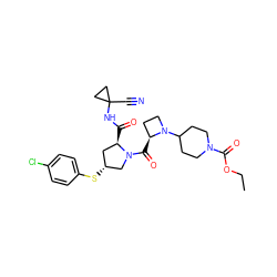 CCOC(=O)N1CCC(N2CC[C@@H]2C(=O)N2C[C@H](Sc3ccc(Cl)cc3)C[C@H]2C(=O)NC2(C#N)CC2)CC1 ZINC000169705312