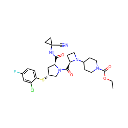 CCOC(=O)N1CCC(N2CC[C@@H]2C(=O)N2C[C@H](Sc3ccc(F)cc3Cl)C[C@H]2C(=O)NC2(C#N)CC2)CC1 ZINC000169705308