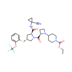 CCOC(=O)N1CCC(N2CC[C@@H]2C(=O)N2C[C@H](Sc3ccccc3OC(F)(F)F)C[C@H]2C(=O)NC2(C#N)CC2)CC1 ZINC000169705316