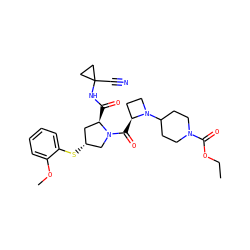 CCOC(=O)N1CCC(N2CC[C@@H]2C(=O)N2C[C@H](Sc3ccccc3OC)C[C@H]2C(=O)NC2(C#N)CC2)CC1 ZINC000169705314