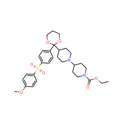 CCOC(=O)N1CCC(N2CCC(C3(c4ccc(S(=O)(=O)c5ccc(OC)cc5)cc4)OCCCO3)CC2)CC1 ZINC000026648606