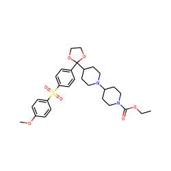 CCOC(=O)N1CCC(N2CCC(C3(c4ccc(S(=O)(=O)c5ccc(OC)cc5)cc4)OCCO3)CC2)CC1 ZINC000026657550