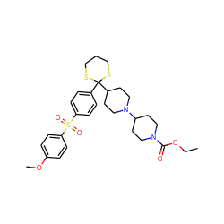 CCOC(=O)N1CCC(N2CCC(C3(c4ccc(S(=O)(=O)c5ccc(OC)cc5)cc4)SCCCS3)CC2)CC1 ZINC000026647621