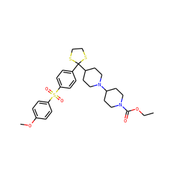 CCOC(=O)N1CCC(N2CCC(C3(c4ccc(S(=O)(=O)c5ccc(OC)cc5)cc4)SCCS3)CC2)CC1 ZINC000026655818