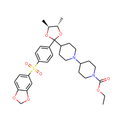 CCOC(=O)N1CCC(N2CCC(C3(c4ccc(S(=O)(=O)c5ccc6c(c5)OCO6)cc4)O[C@@H](C)[C@H](C)O3)CC2)CC1 ZINC000026657301