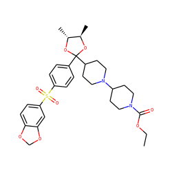 CCOC(=O)N1CCC(N2CCC(C3(c4ccc(S(=O)(=O)c5ccc6c(c5)OCO6)cc4)O[C@H](C)[C@@H](C)O3)CC2)CC1 ZINC000026657306