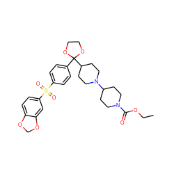 CCOC(=O)N1CCC(N2CCC(C3(c4ccc(S(=O)(=O)c5ccc6c(c5)OCO6)cc4)OCCO3)CC2)CC1 ZINC000026654588