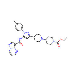 CCOC(=O)N1CCC(N2CCC(c3cc(NC(=O)c4cnn5cccnc45)n(-c4ccc(C)cc4)n3)CC2)CC1 ZINC000145878539